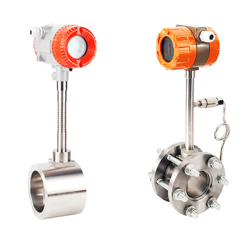 Pipeline vortex flow-meter with temperature and pressure compensation